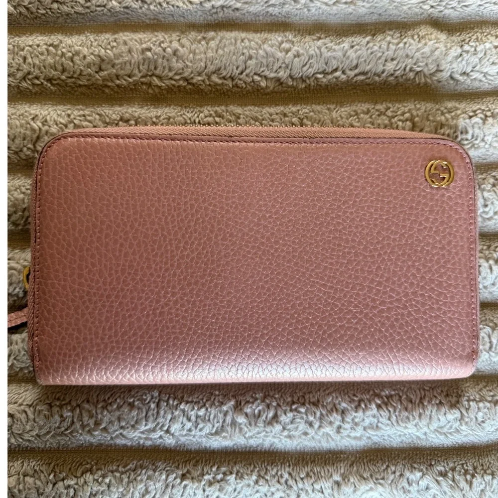 Gucci Interlocking G Zip Around Long Wallet Pink Pebbled Leather 449347 in Box - Picture 1 of 12